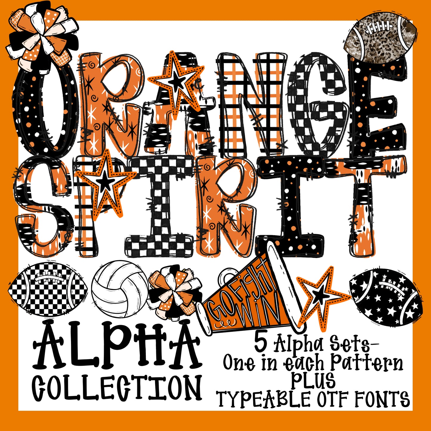 School Spirit Alpha Set With Clipart and Typeable Font (Orange)