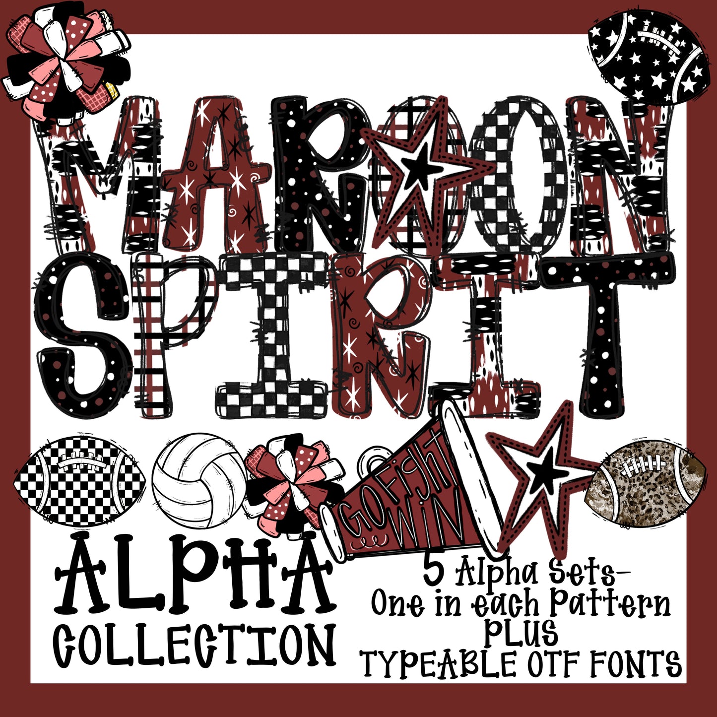 School Spirit Alpha Set With Clipart and Typeable Font (Maroon)