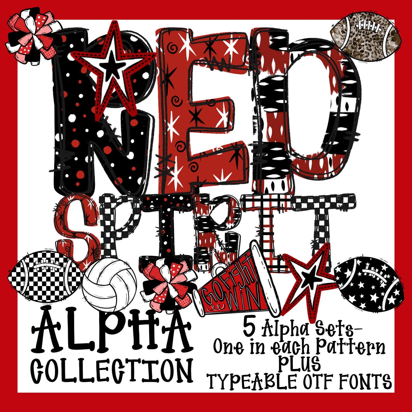 School Spirit Alpha Set With Clipart and Typeable Font (Red)