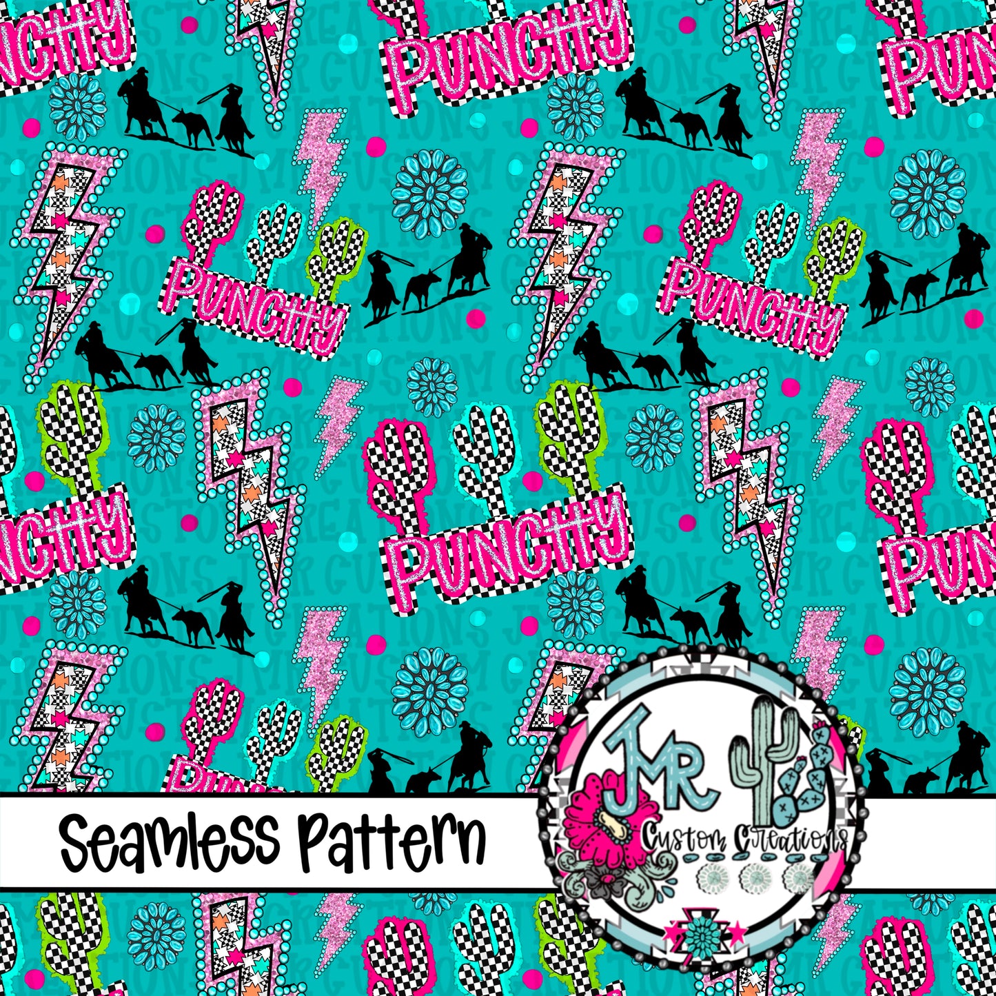 Western Punchy Team Roping Seamless Pattern DIGITAL DESIGN- teal