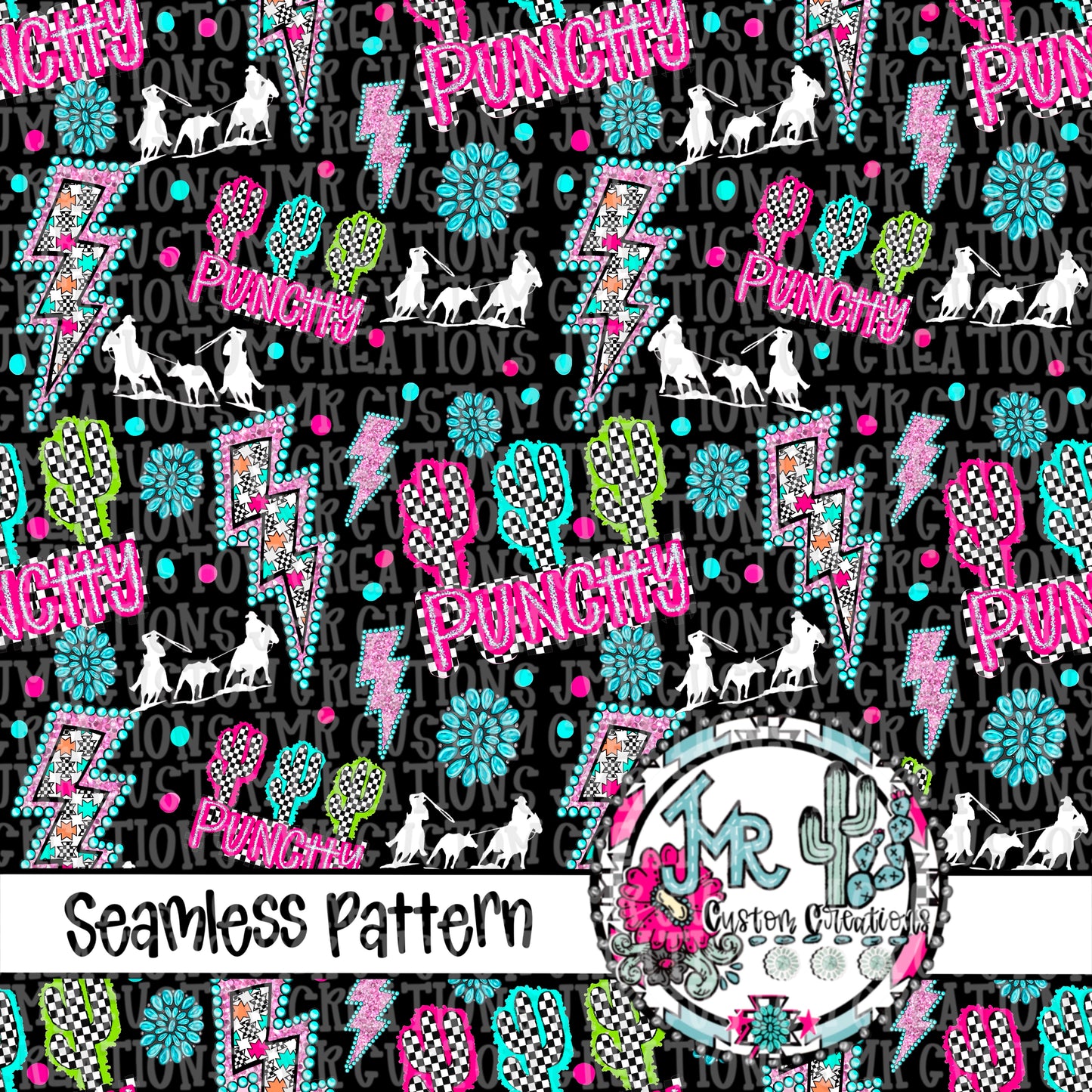 Western Punchy Team Roping Seamless Pattern DIGITAL DESIGN- black