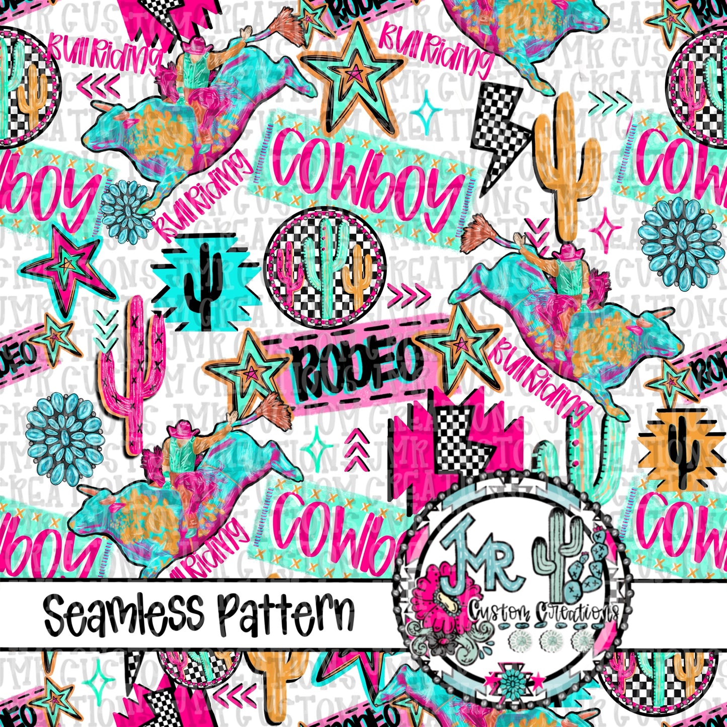 Neon Rodeo Bull Riding Seamless Pattern DIGITAL DESIGN