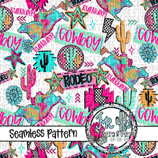 Neon Rodeo Bull Riding Seamless Pattern DIGITAL DESIGN