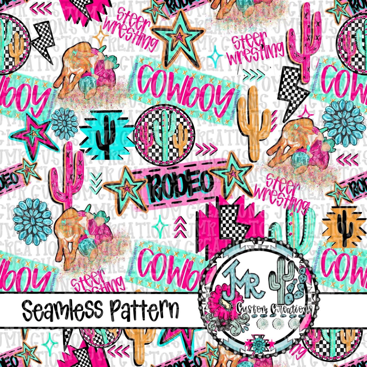 Neon Rodeo Steer Wrestling Seamless Pattern DIGITAL DESIGN