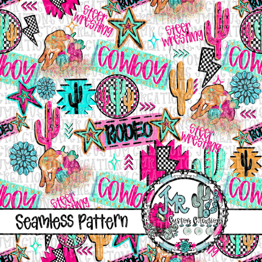 Neon Rodeo Steer Wrestling Seamless Pattern DIGITAL DESIGN