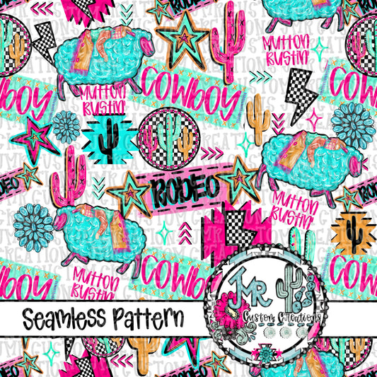 Neon Rodeo Mutton Bustin’ Seamless Pattern DIGITAL DESIGN