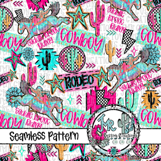 Neon Rodeo Saddle Bronc Riding Seamless Pattern DIGITAL DESIGN