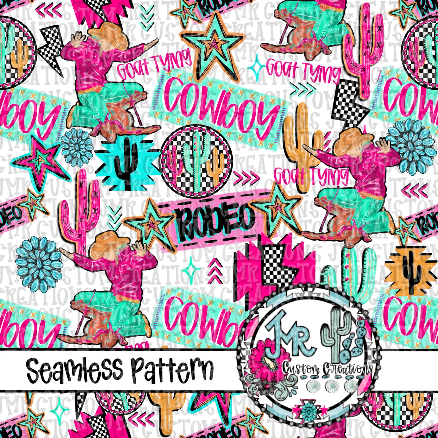 Neon Rodeo Goat Tying Seamless Pattern DIGITAL DESIGN