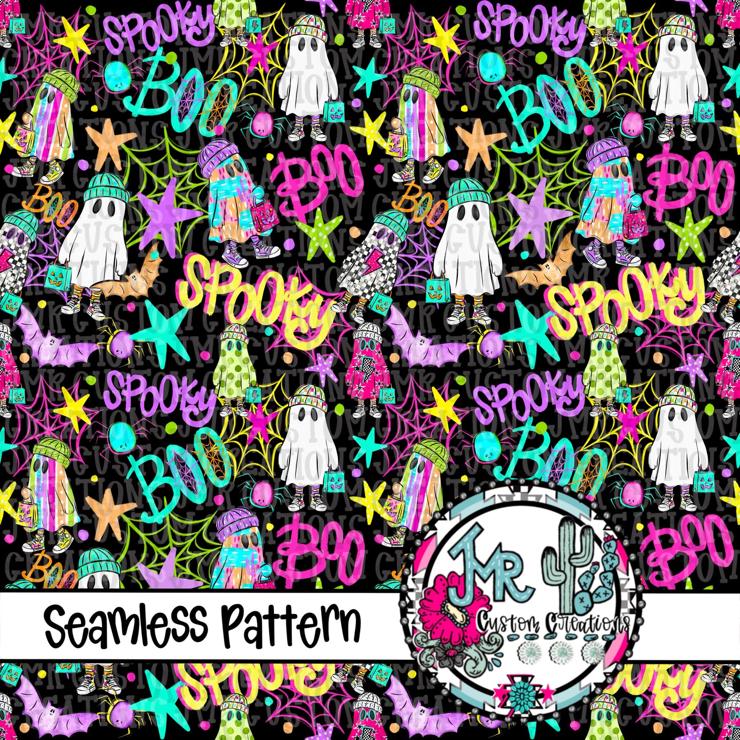 Neon Halloween Ghost Seamless Pattern