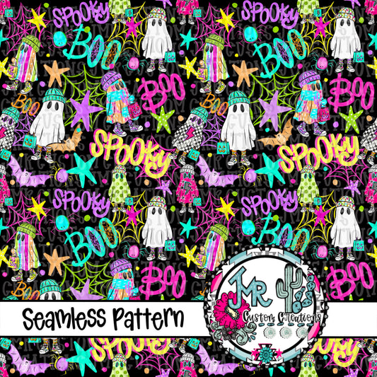 Neon Halloween Ghost Seamless Pattern