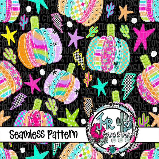 Neon Western Pumpkin Seamless Pattern