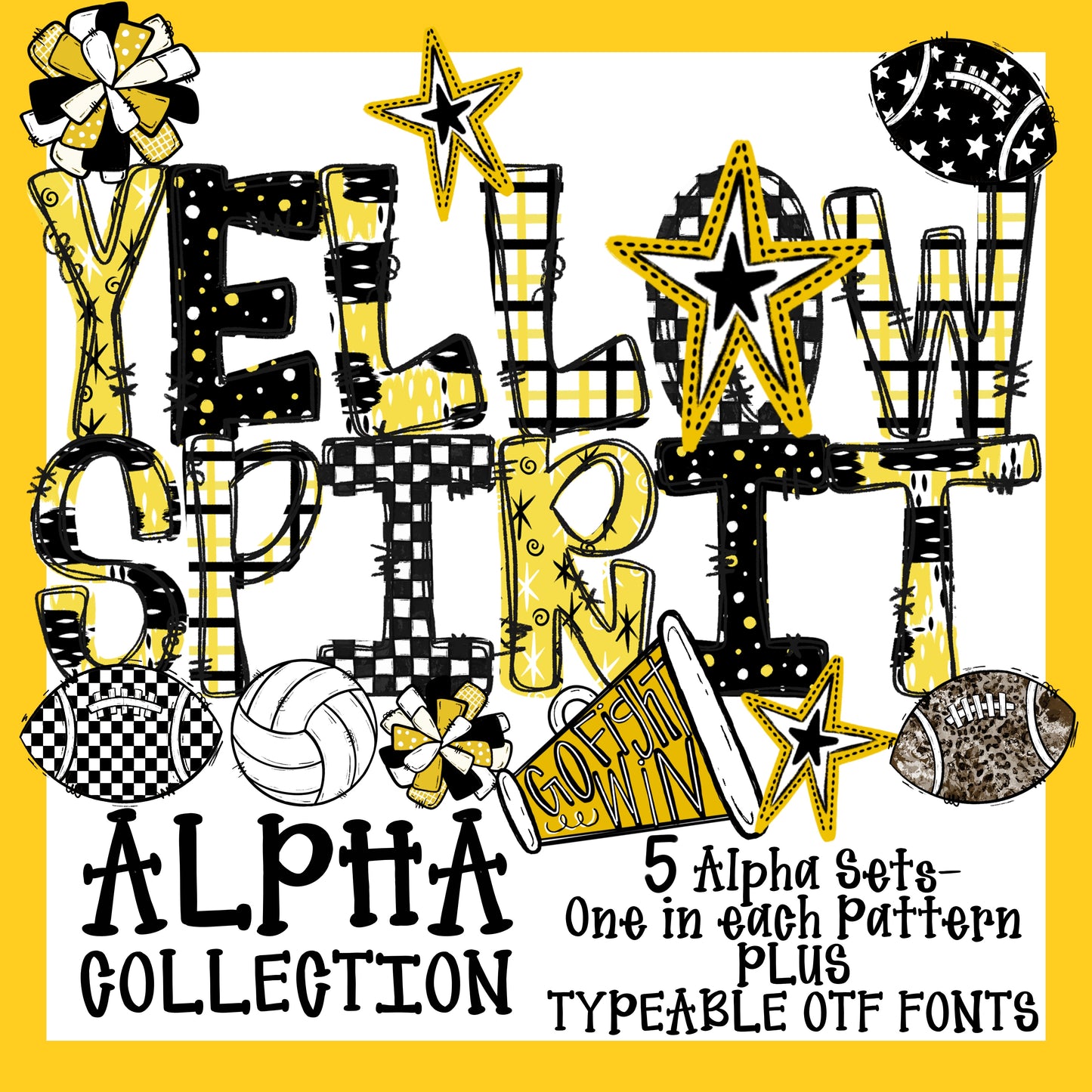 School Spirit Alpha Set With Clipart and Typeable Font (Yellow)