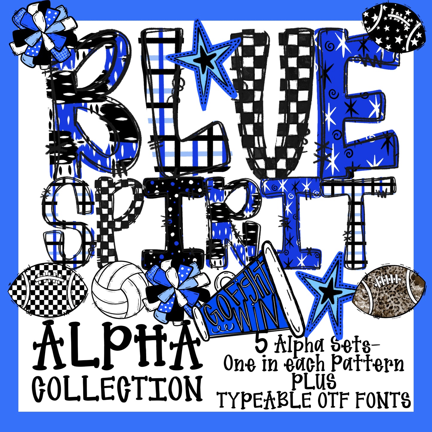 School Spirit Alpha Set With Clipart and Typeable Font (Blue)