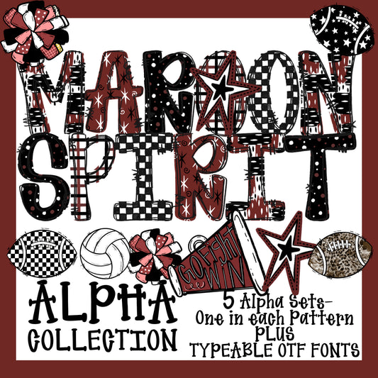 School Spirit Alpha Set With Clipart and Typeable Font (Maroon)