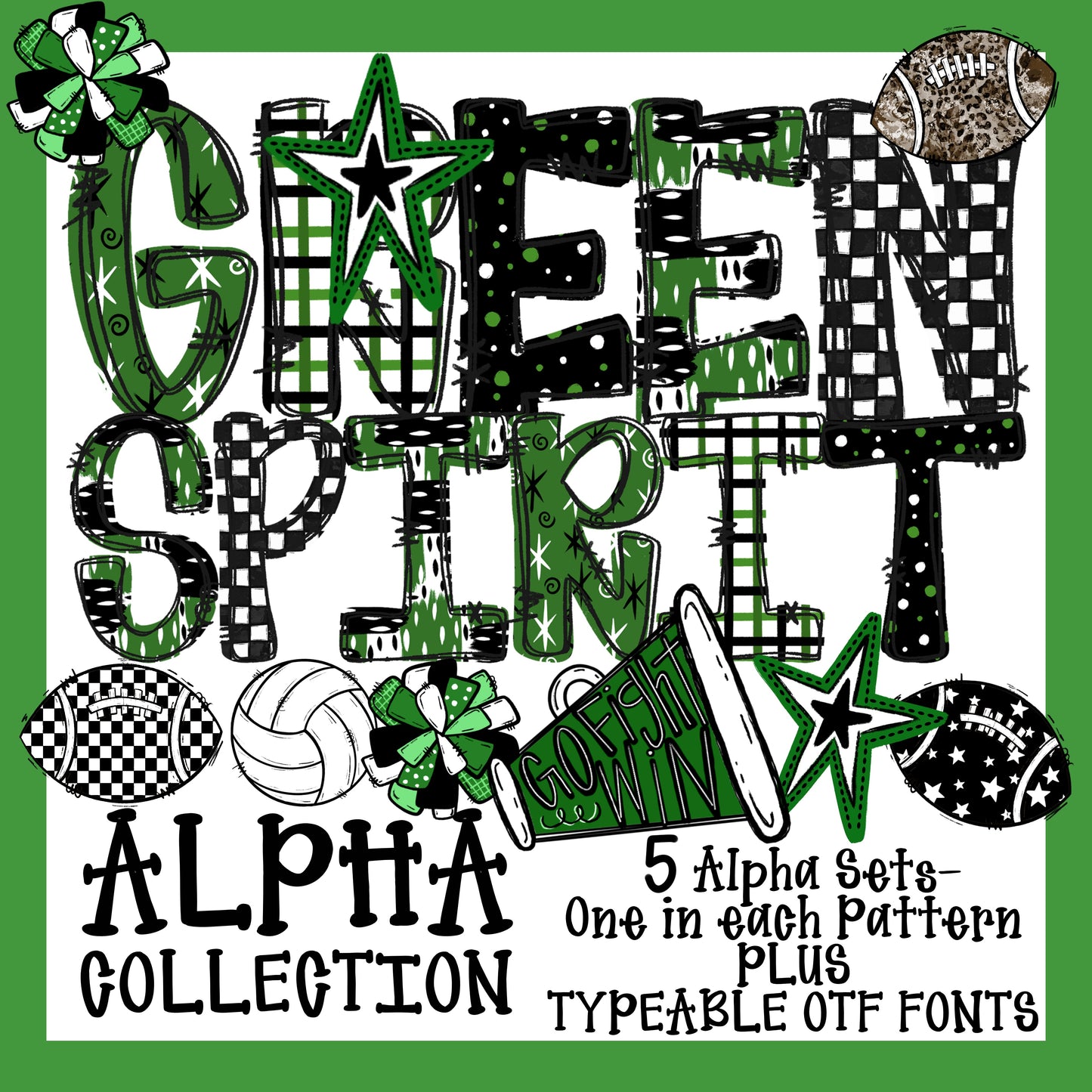 School Spirit Alpha Set With Clipart and Typeable Font (Green)