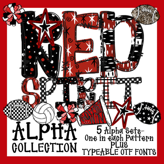 School Spirit Alpha Set With Clipart and Typeable Font (Red)