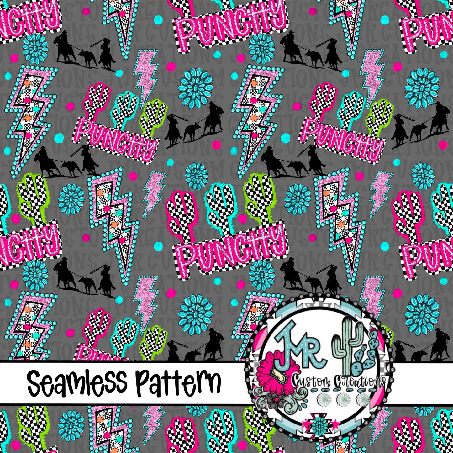 Western  Punchy Team Roping Seamless Pattern DIGITAL DESIGN- gray
