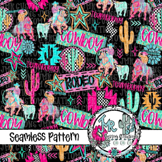 Neon Rodeo Team Roping Seamless Pattern DIGITAL DESIGN