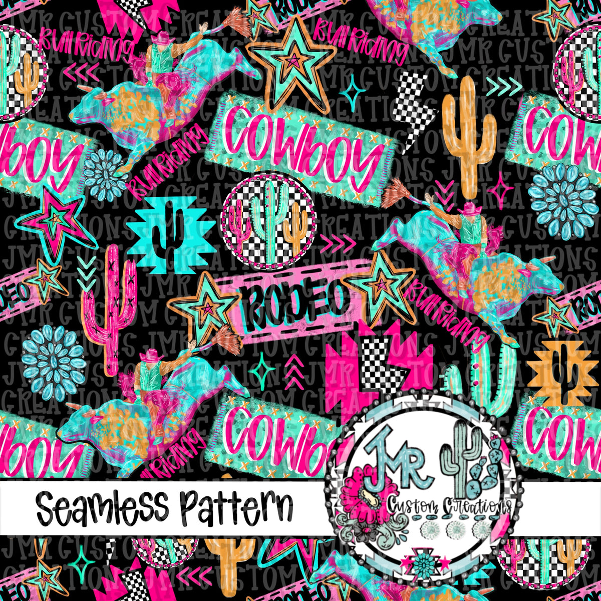 Ob Neon Rodeo Neon Rodeo Bull Riding Seamless Pattern DIGITAL DESIGN – JMR CUSTOM ...