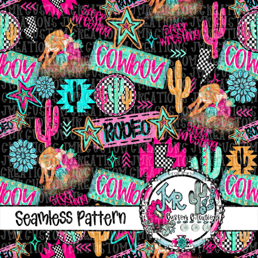 Neon Rodeo Steer Wrestling Seamless Pattern DIGITAL DESIGN