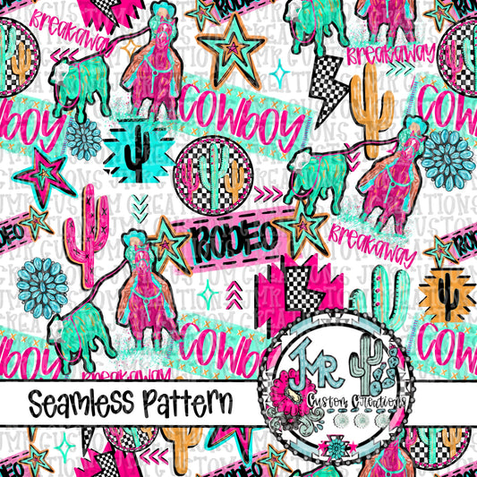 Neon Rodeo Breakaway Roping Seamless Pattern DIGITAL DESIGN