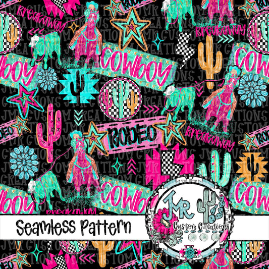 Neon Rodeo Breakaway Roping Seamless Pattern DIGITAL DESIGN