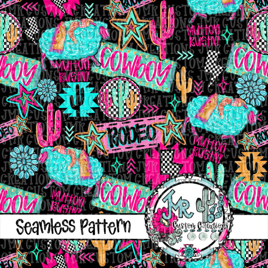 Neon Rodeo Mutton Bustin’ Seamless Pattern DIGITAL DESIGN
