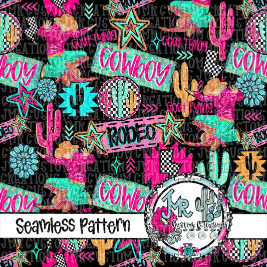 Neon Rodeo Goat Tying Seamless Pattern DIGITAL DESIGN
