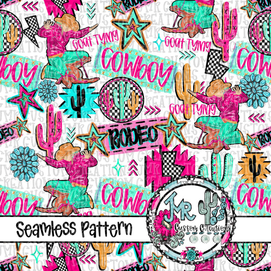 Neon Rodeo Goat Tying Seamless Pattern DIGITAL DESIGN