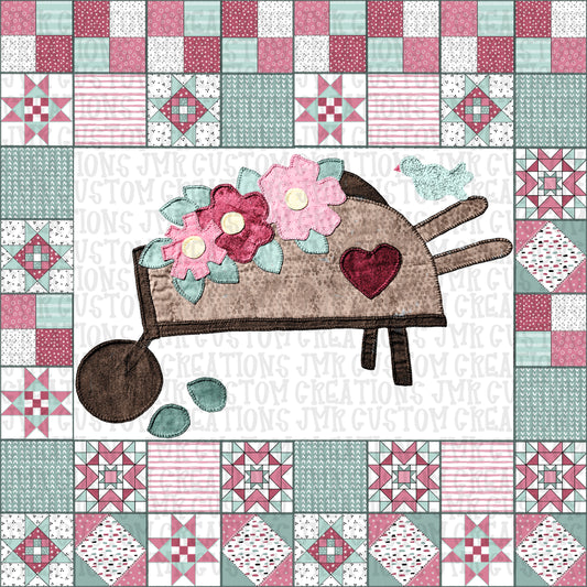 Quilted Appliqué Spring Wheelbarrow Seamless Pattern DIGITAL DESIGNS